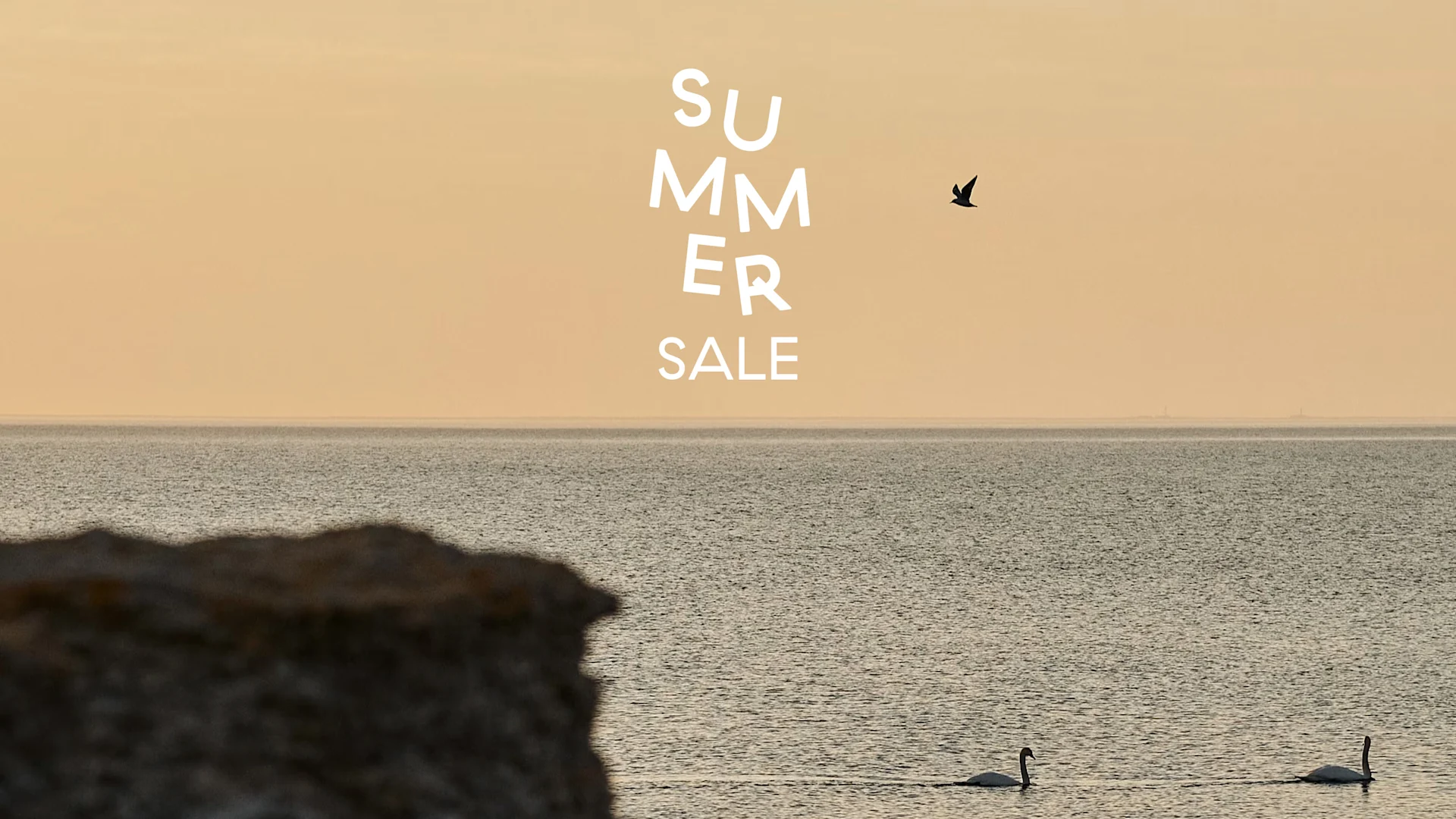 Κείμενο 'Summer Sale' πάνω από γαλήνια θαλασσινή σκηνή με δύο κύκνους και ένα πουλί να πετάει κάτω από ζεστό ουρανό.