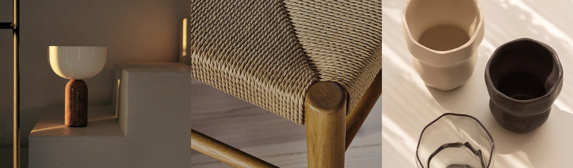 Ένα μοντέρνο φωτιστικό, ένα υφαντό κάθισμα καρέκλας και δύο κεραμικές κούπες με ένα γυάλινο μπολ, όλα σε ζεστούς τόνους.