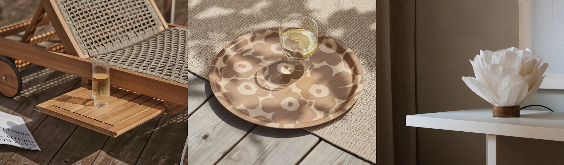 Τρία πάνελ. Αριστερά: Πλεκτή ξαπλώστρα, ποτήρι, περιοδικό. Κέντρο: Δίσκος με λουλούδια και ποτό. Δεξιά: Λευκό φωτιστικό λουλούδι.