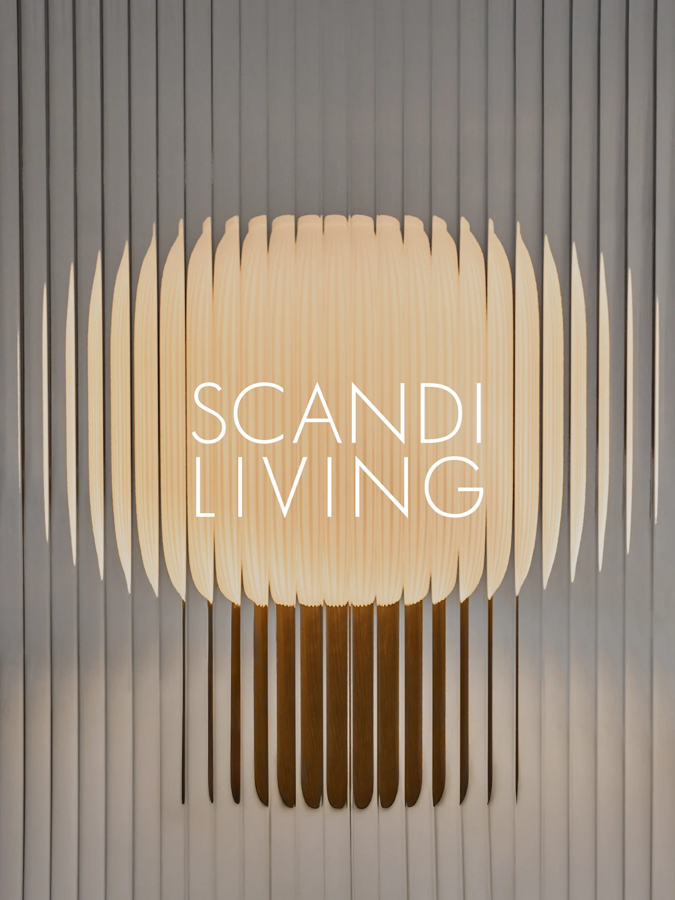 Κείμενο "SCANDI LIVING" σε ένα έργο τέχνης τοίχου από ανοιχτόχρωμες ξύλινες σανίδες με μοτίβο κύματος σε γκρι ριγέ φόντο.